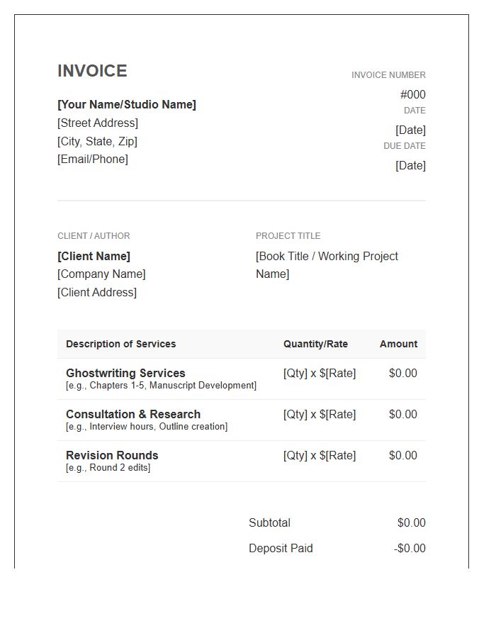 Author Ghostwriting Service Invoice Template