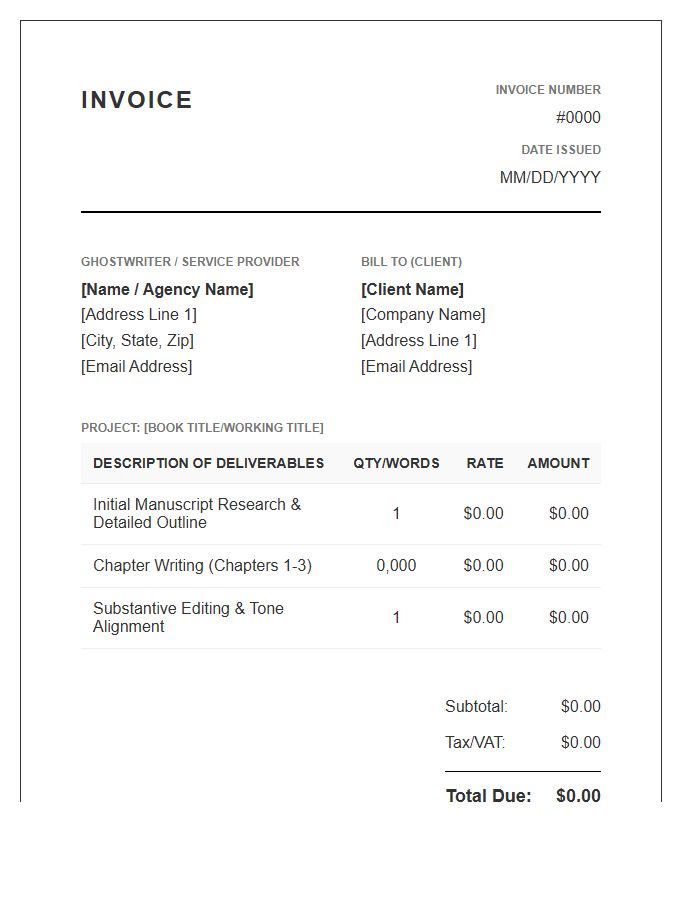 Business Book Ghostwriting Invoice Template