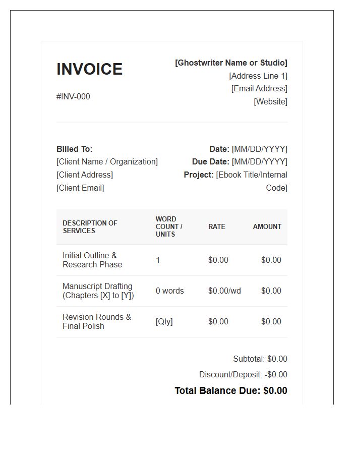 Ebook Ghostwriting Service Invoice Template