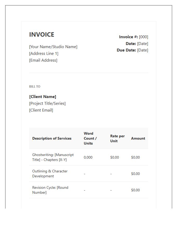 Fiction Ghostwriting Service Invoice Template