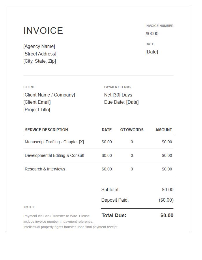 Ghostwriting Agency Project Invoice Template