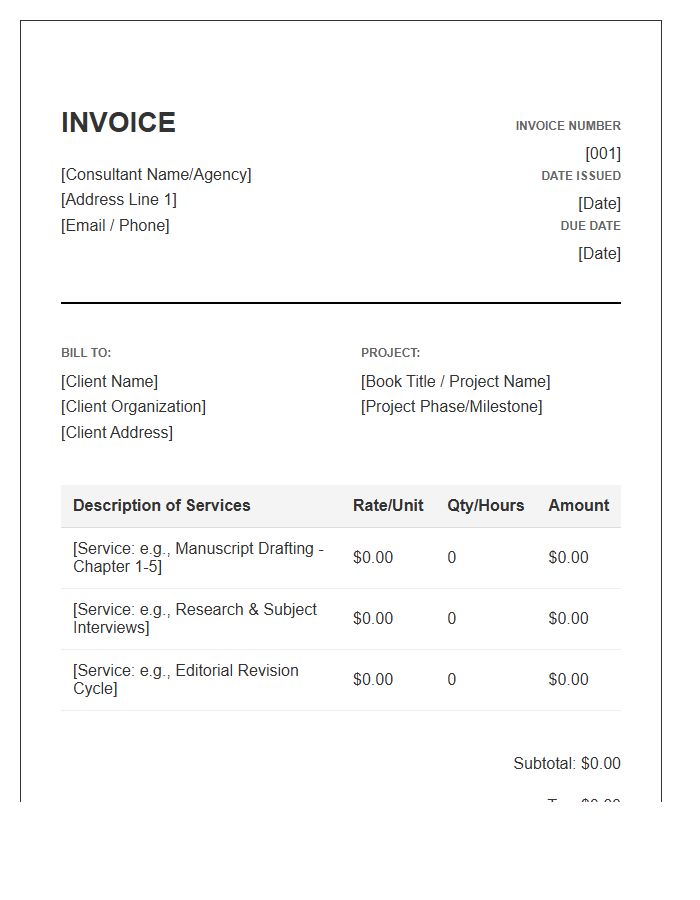 Ghostwriting Consultant Project Invoice Template