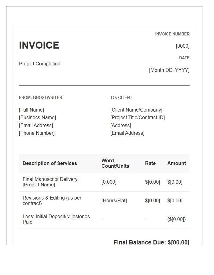 Ghostwriting Contract Completion Invoice Template