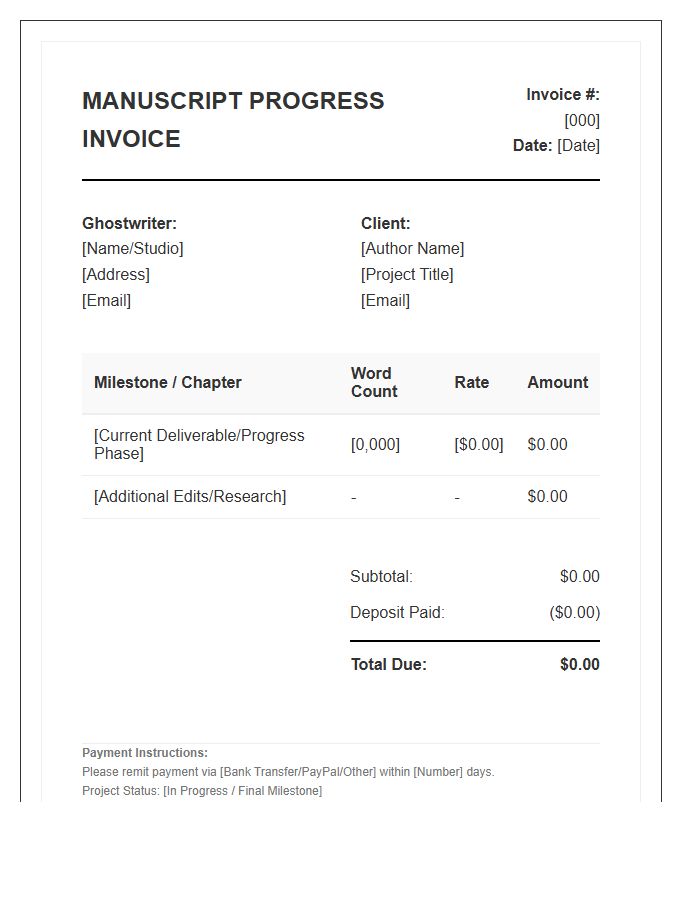 Ghostwriting Manuscript Progress Invoice Template