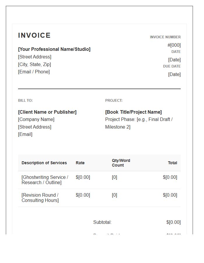 Independent Ghostwriter Service Invoice Template