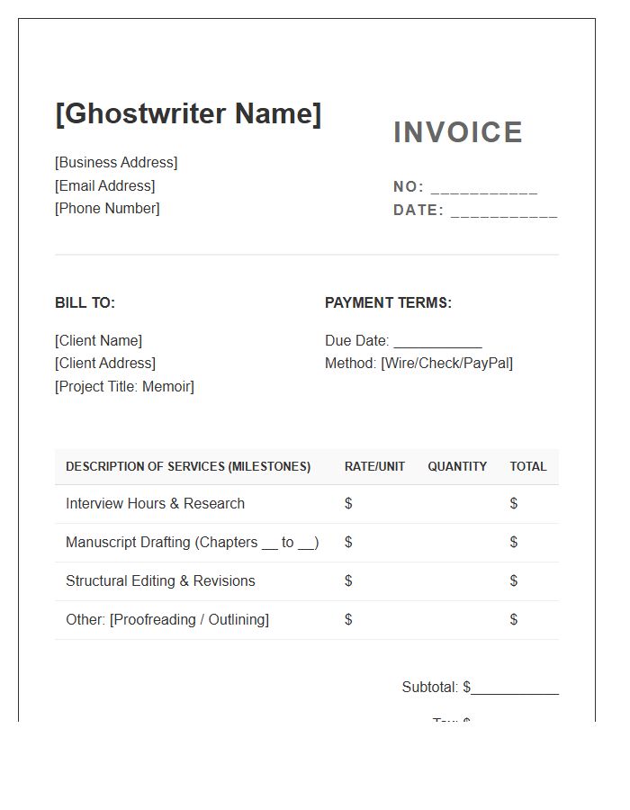 Memoir Ghostwriting Project Invoice Template
