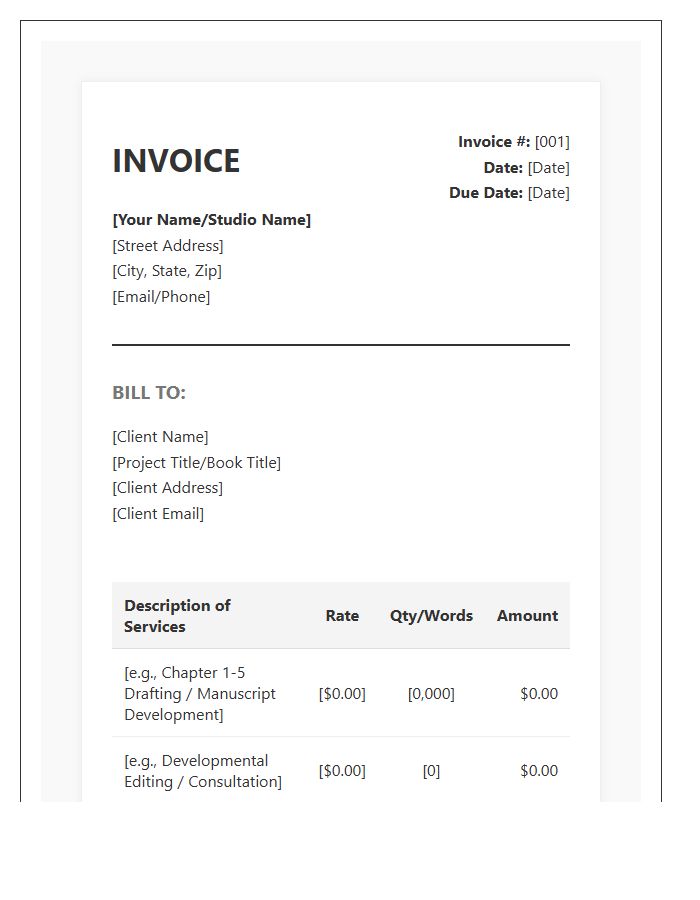 Professional Book Ghostwriter Invoice Template