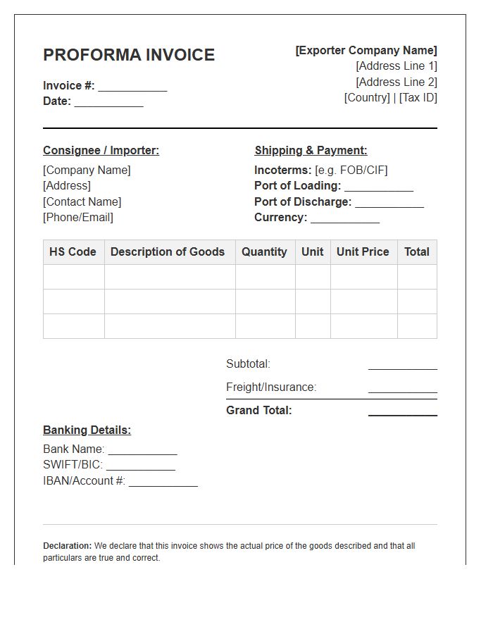 Bulk Export Proforma Invoice Template