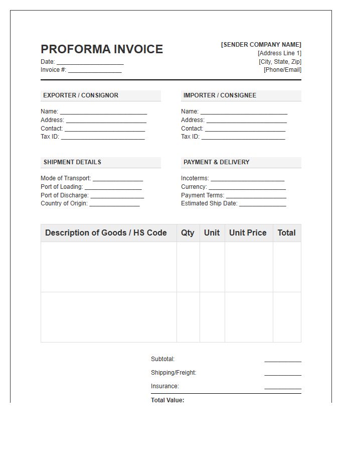 Cargo Shipment Proforma Invoice Template