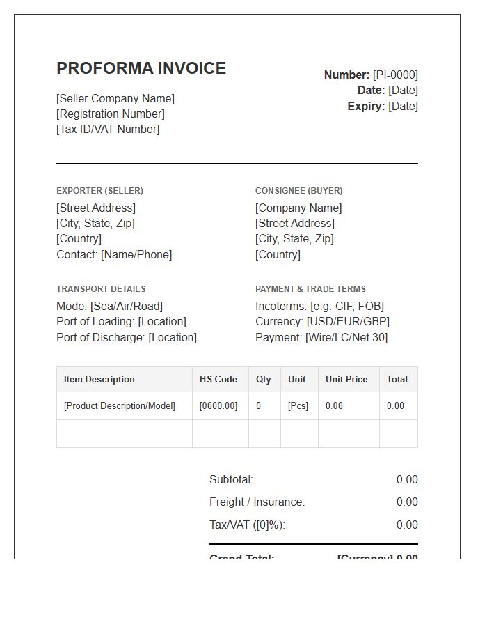 Corporate Trade Proforma Invoice Template