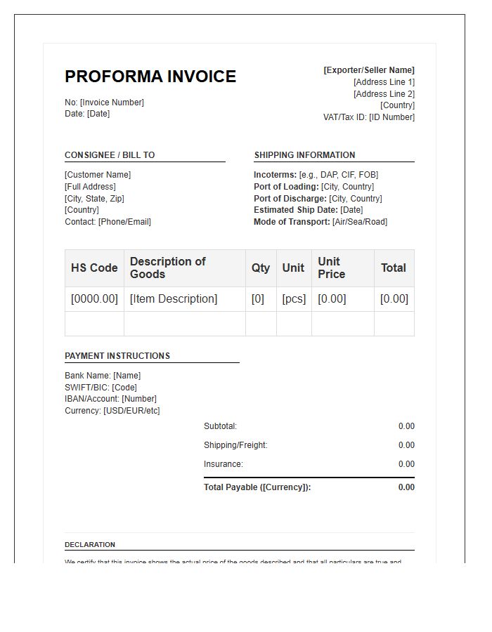 Cross Border Proforma Invoice Template