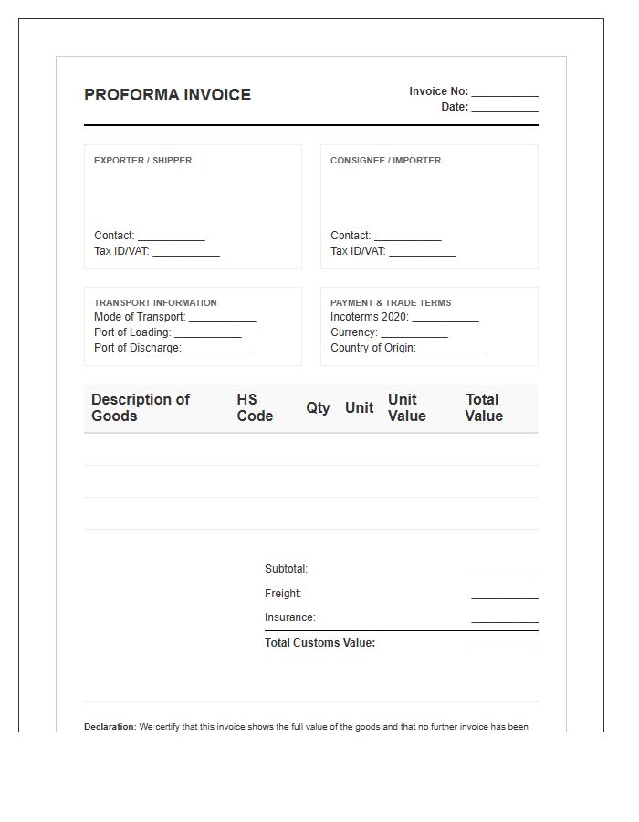 Customs Value Proforma Invoice Template