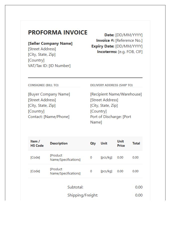 Detailed Trade Proforma Invoice Template
