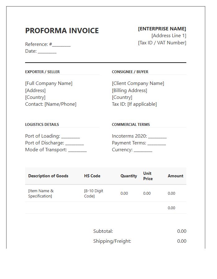 Enterprise Trade Proforma Invoice Template