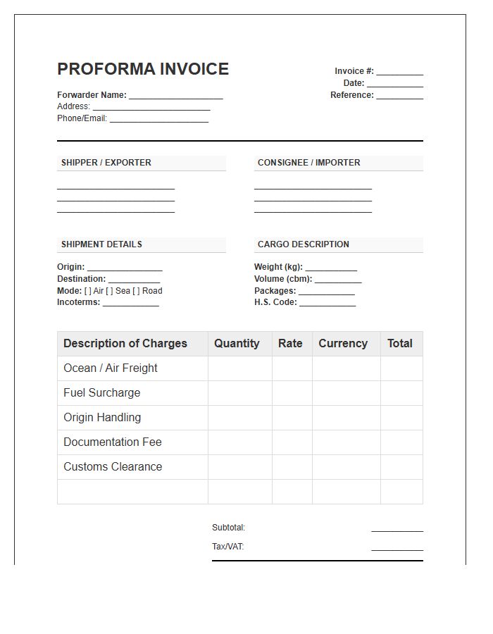 Freight Forwarder Proforma Invoice Template