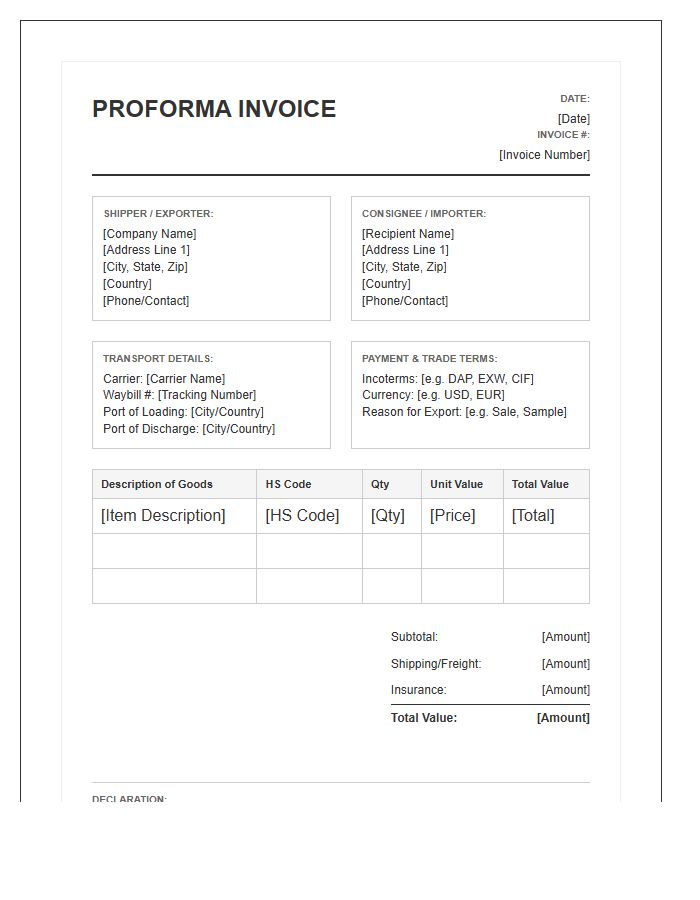 International Shipping Commercial Proforma Invoice Template