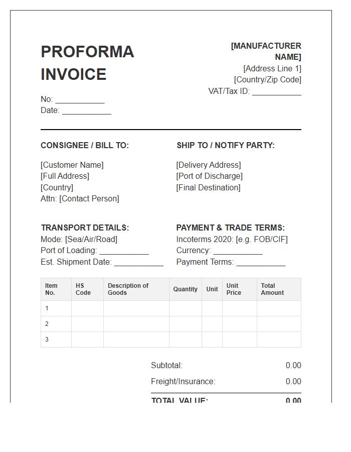 Manufacturing Export Proforma Invoice Template