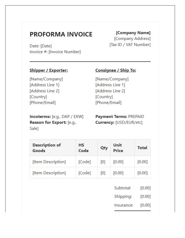 Prepaid Shipping Proforma Invoice Template