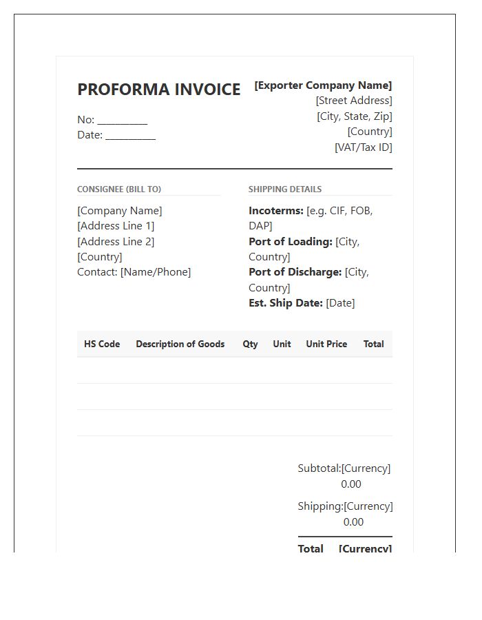 Professional Import Proforma Invoice Template