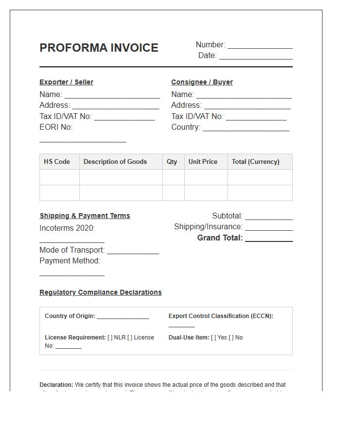 Regulatory Compliance Proforma Invoice Template