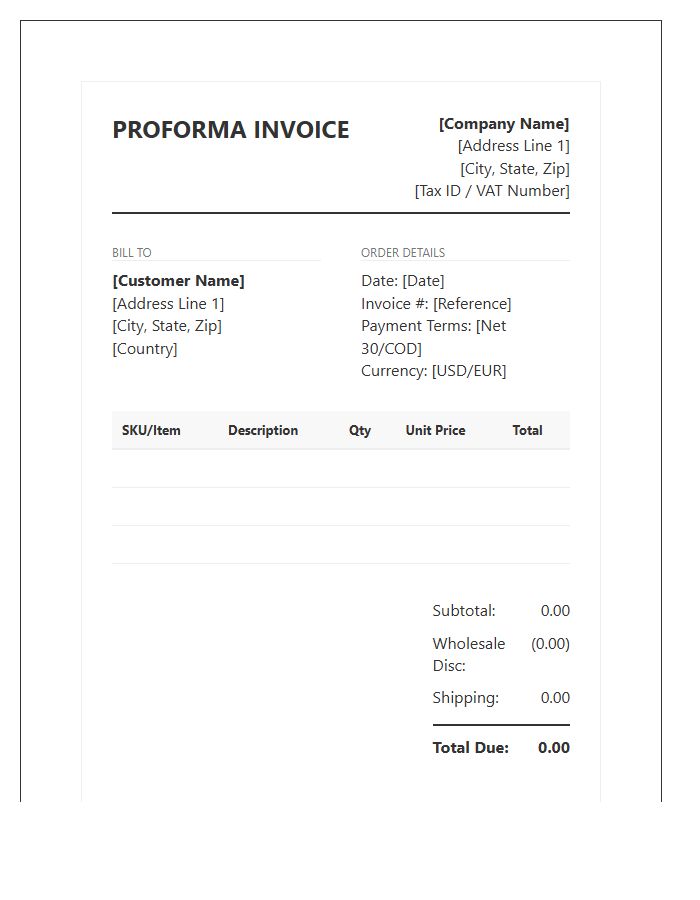 Wholesale Trade Proforma Invoice Template