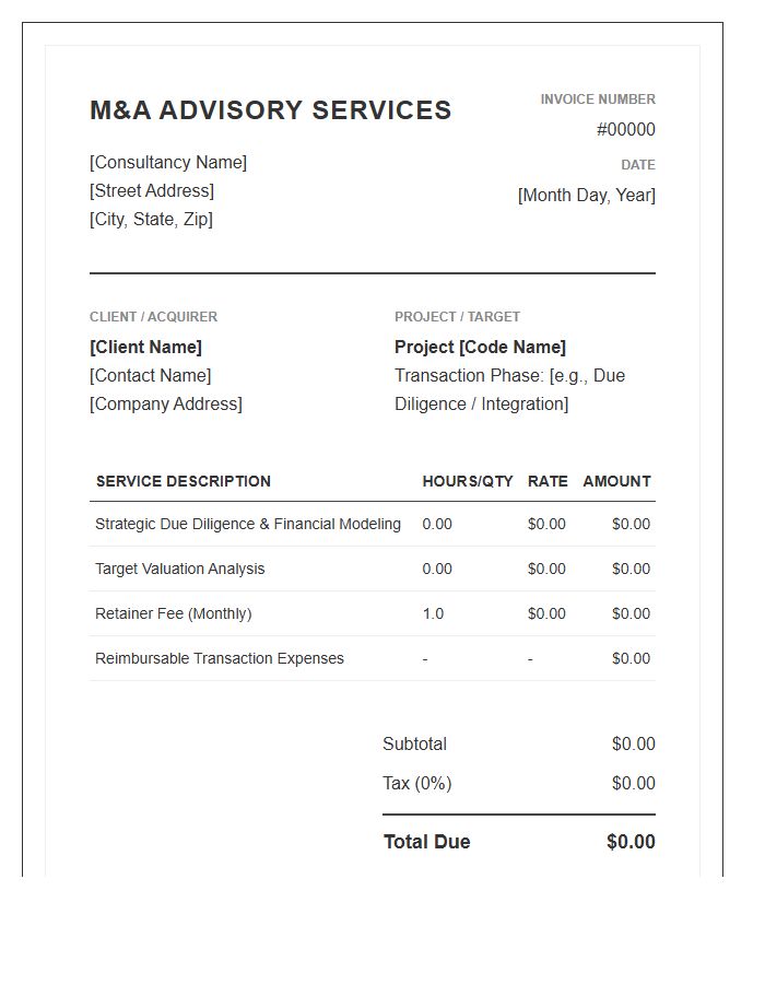 Mergers And Acquisitions Consulting Invoice Template