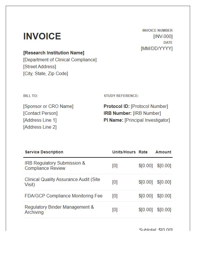 Clinical Research Compliance Invoice Template