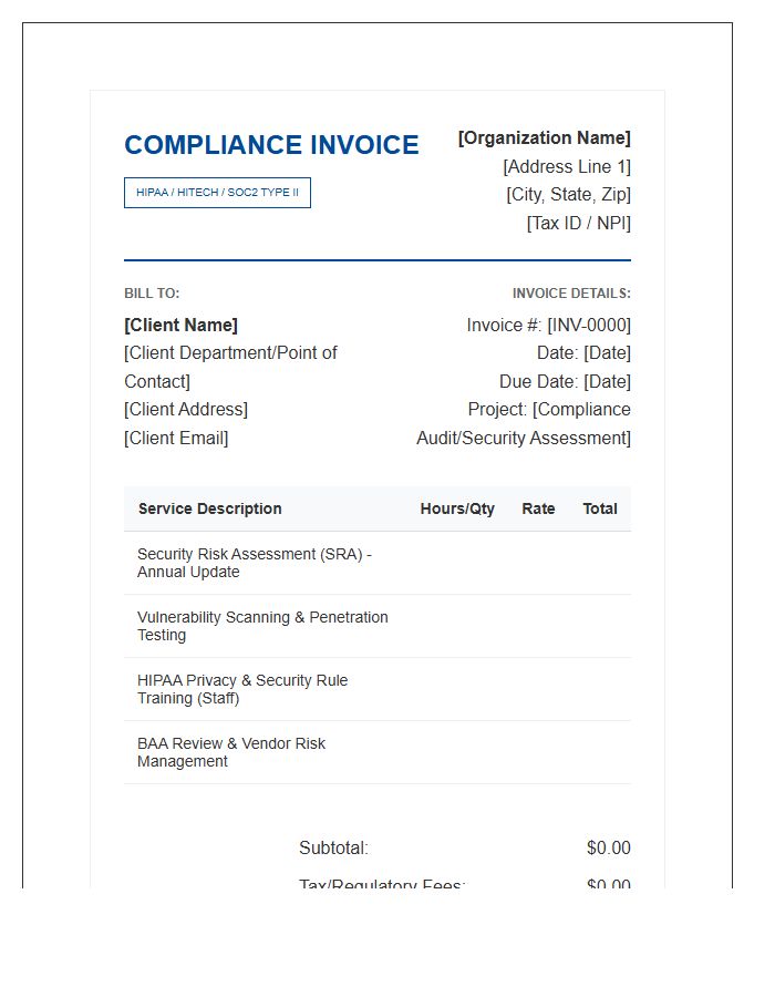 Healthcare Information Security Compliance Invoice Template