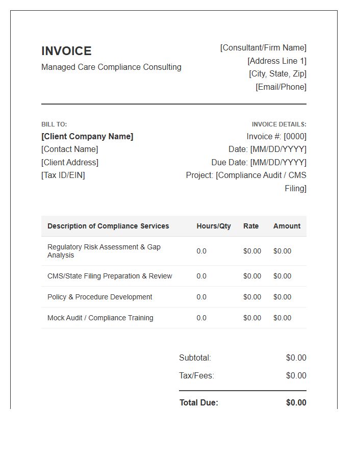 Managed Care Compliance Consulting Invoice Template