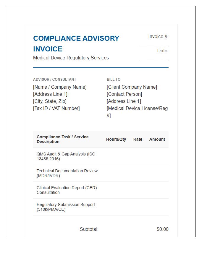 Medical Device Compliance Advisory Invoice Template