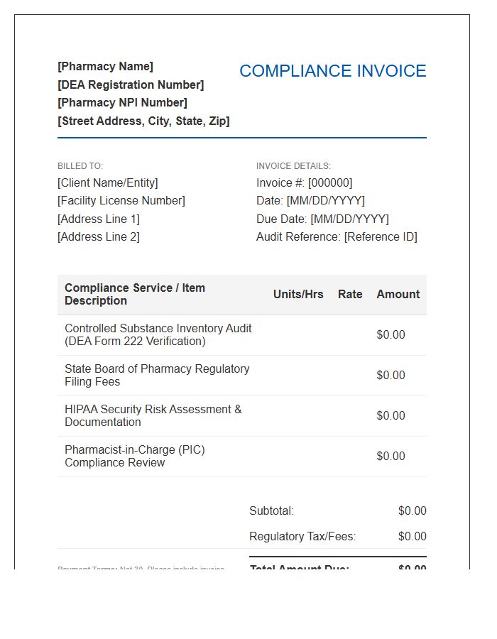 Pharmacy Regulatory Compliance Invoice Template