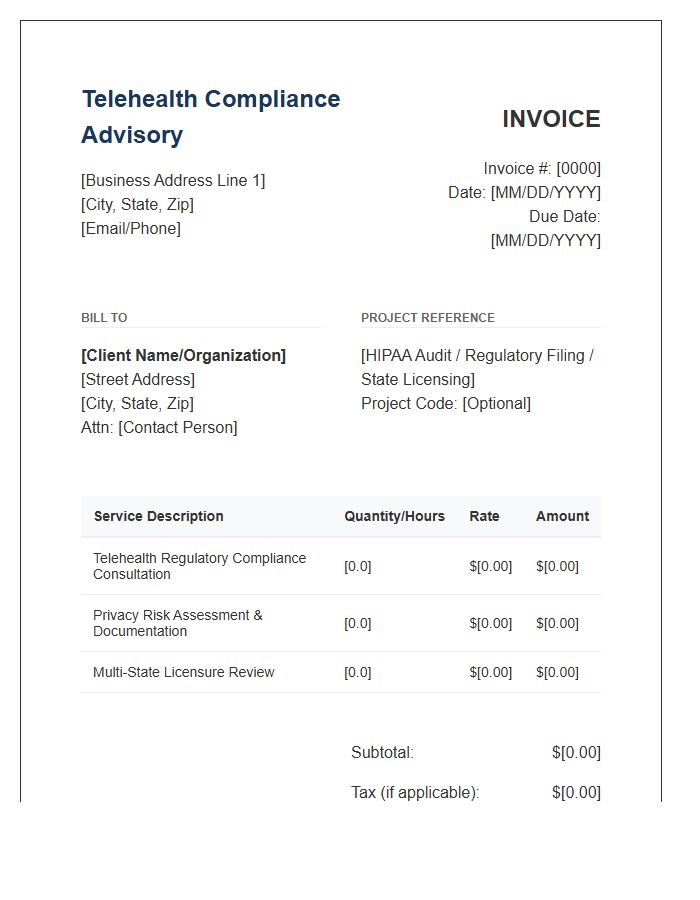 Telehealth Compliance Advisory Invoice Template