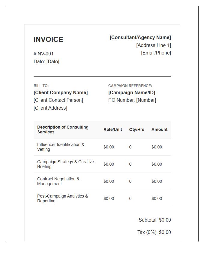 Influencer Marketing Campaign Consulting Invoice Template