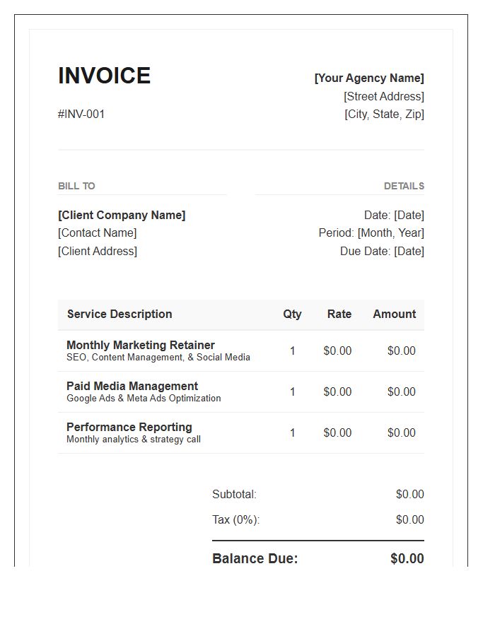 Monthly Retainer Digital Marketing Invoice Template