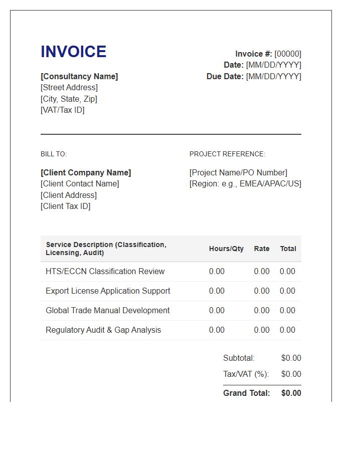 Global Trade Compliance Consulting Invoice Template