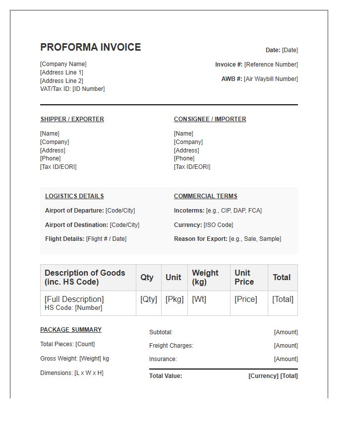 Air Logistics Proforma Invoice Template Requirements