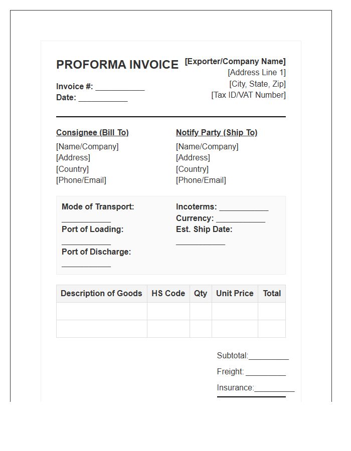 Business Freight Proforma Invoice Template Profile
