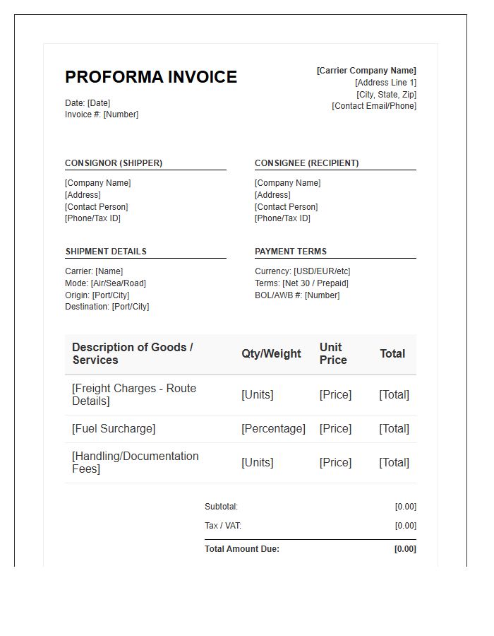 Carrier Proforma Invoice Template Specifications