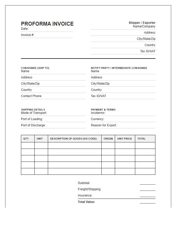 Commercial Freight Proforma Invoice Template Standard
