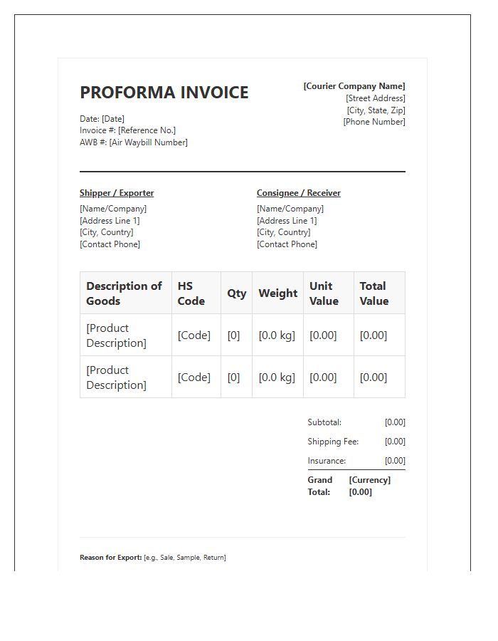 Courier Service Proforma Invoice Template Sample
