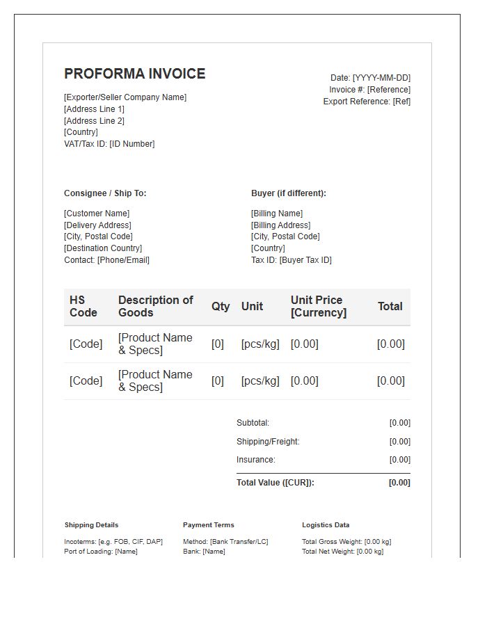 Cross Border Proforma Invoice Template Elements