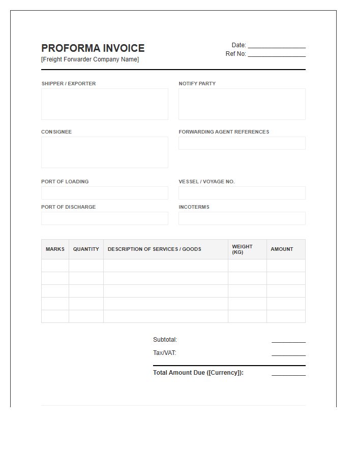 Freight Forwarding Proforma Invoice Template Protocol