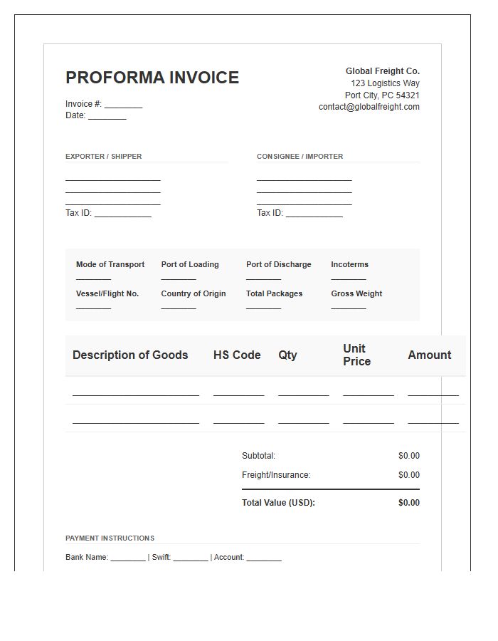 Global Freight Proforma Invoice Template Layout