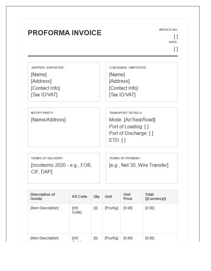 International Shipping Freight Proforma Invoice Template