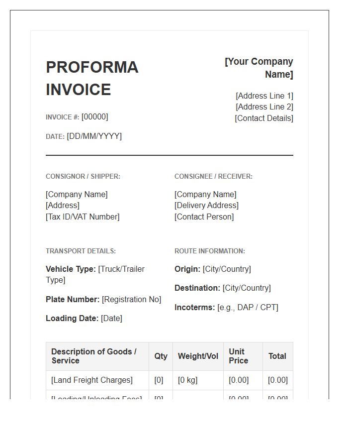 Land Transport Proforma Invoice Template Structure