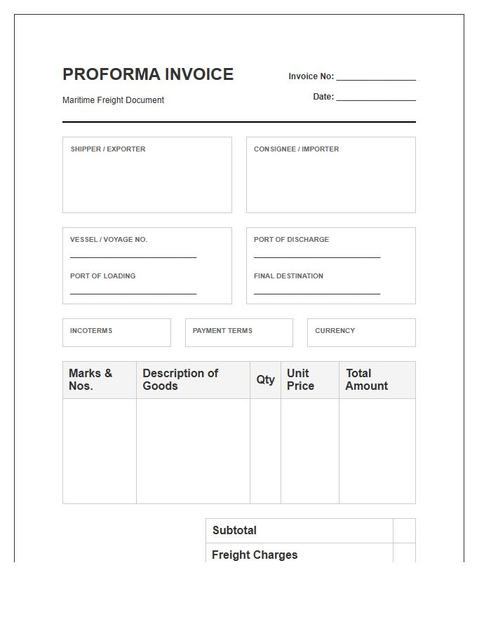Maritime Freight Proforma Invoice Template Paperwork