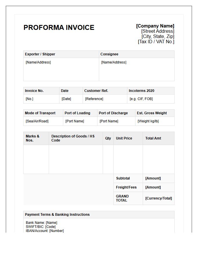Multimodal Logistics Proforma Invoice Template Form