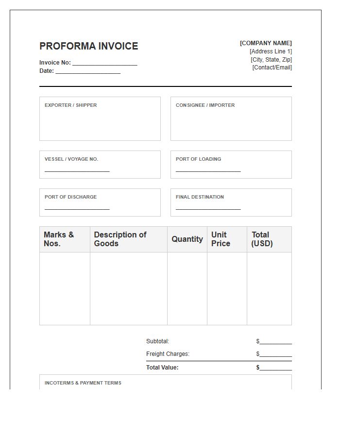 Ocean Transport Proforma Invoice Template Document