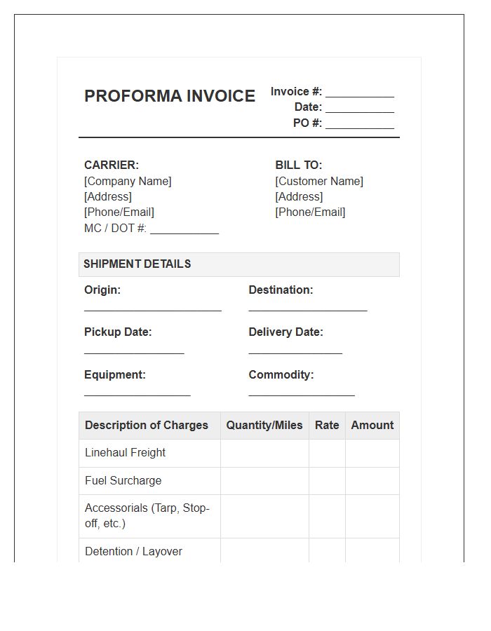 Trucking Freight Proforma Invoice Template Content