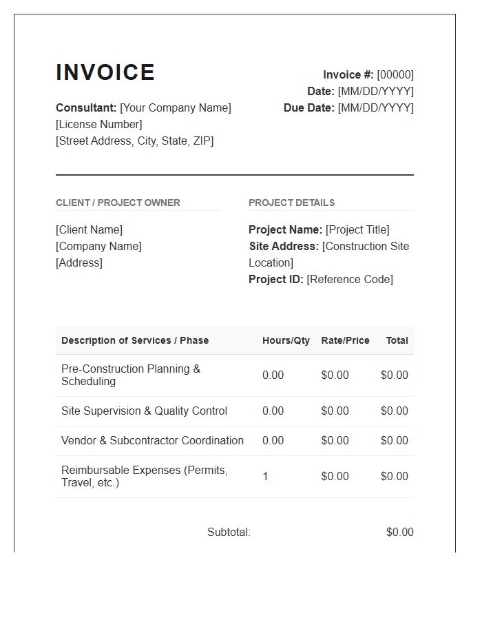 Construction Project Management Consulting Invoice Template